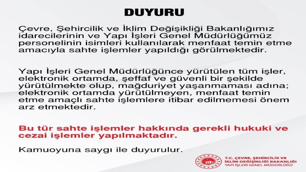 Çevre, Şehircilik ve İklim Değişikliği Bakanlığından dolandırıcılık uyarısı
